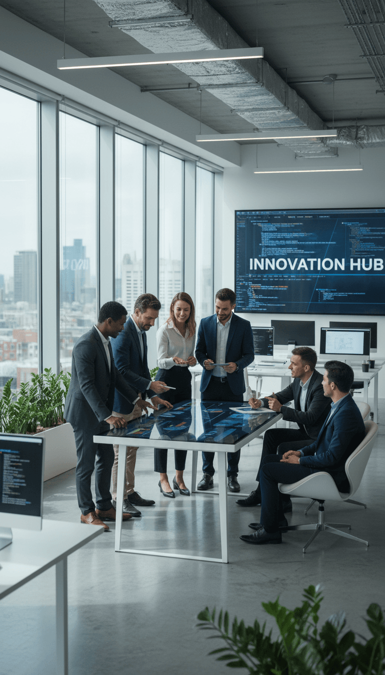 Business team collaborating in bright modern office environment with technology